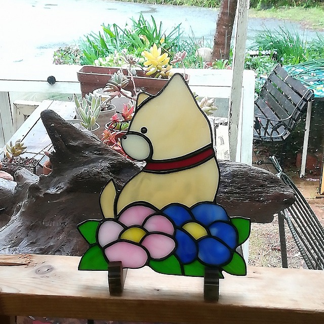 犬と花のステンドグラス飾り W3 Stained Glass